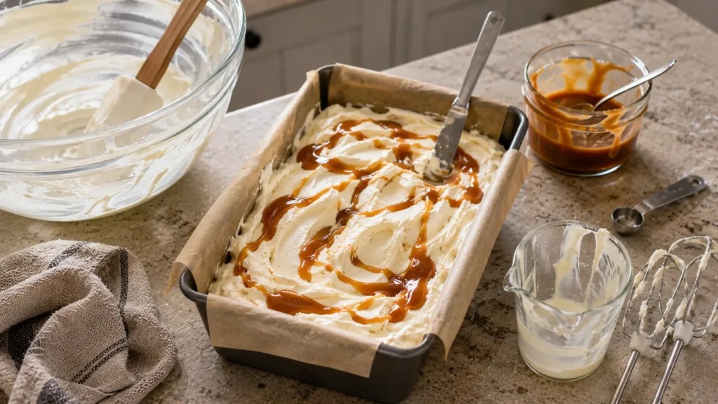 Unfrozen no-churn ice cream base layered with cooled homemade salted caramel in a loaf pan during the swirling stage before freezing.