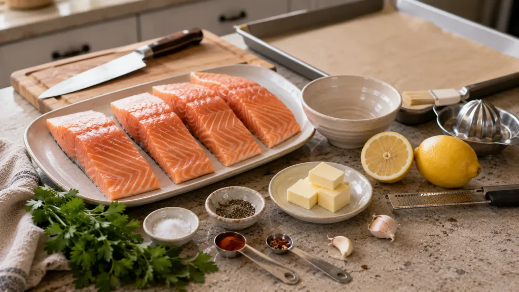 Ingredients for lemon butter baked salmon including raw salmon fillets, butter, fresh lemons, garlic, parsley, paprika and seasonings.