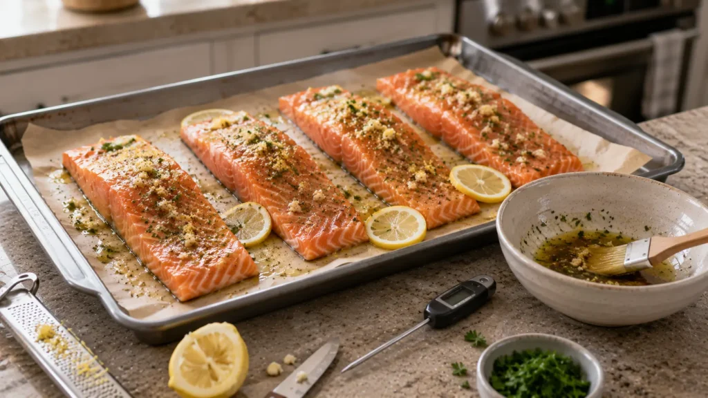 Raw salmon fillets coated with lemon garlic butter and fresh lemon on a parchment-lined baking sheet ready for the oven.