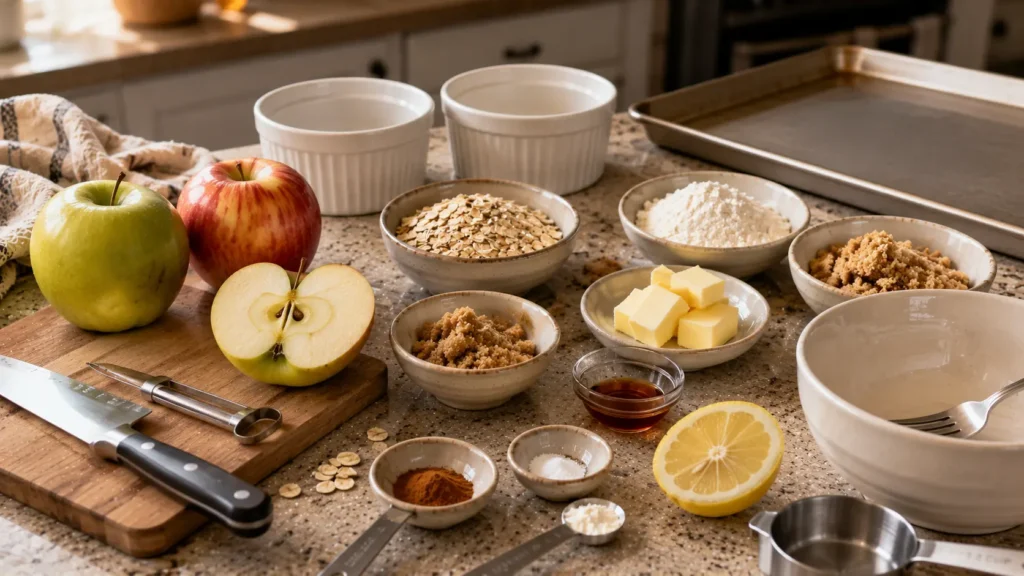 Ingredients for small-batch apple crisp for two including fresh apples, rolled oats, brown sugar, flour, butter, cinnamon, lemon and vanilla.
