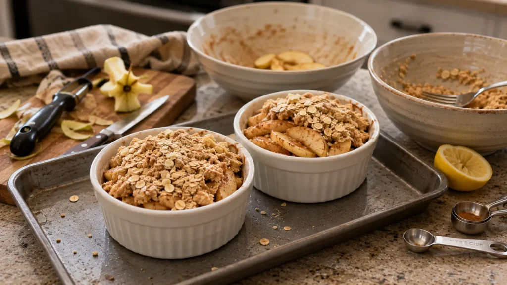 Raw cinnamon apple slices in two ramekins with buttery oat crumble being added before baking small-batch apple crisp for two.