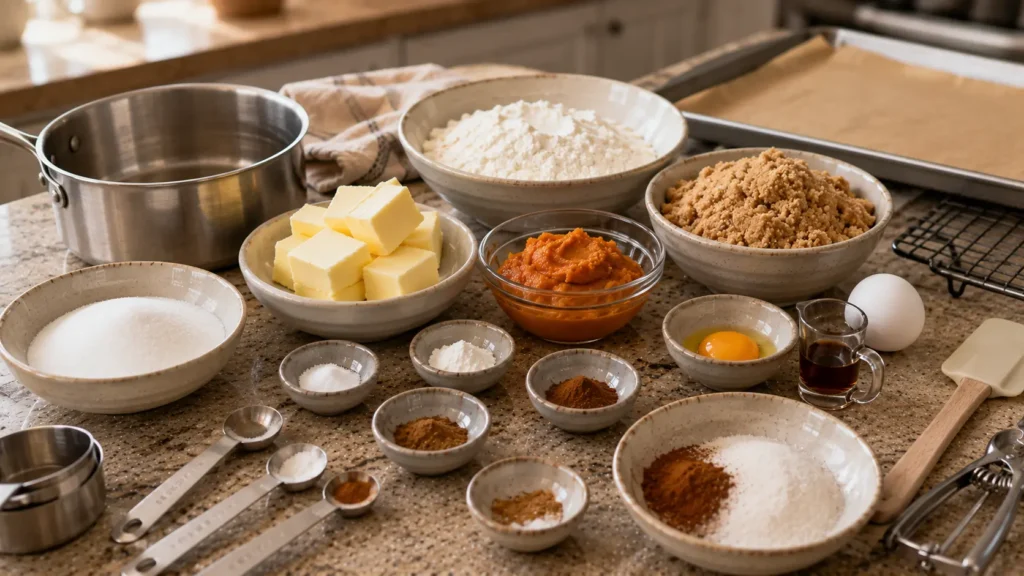 Ingredients for brown butter pumpkin snickerdoodle cookies including pumpkin puree, butter, flour, brown sugar, cinnamon, vanilla and fall spices.