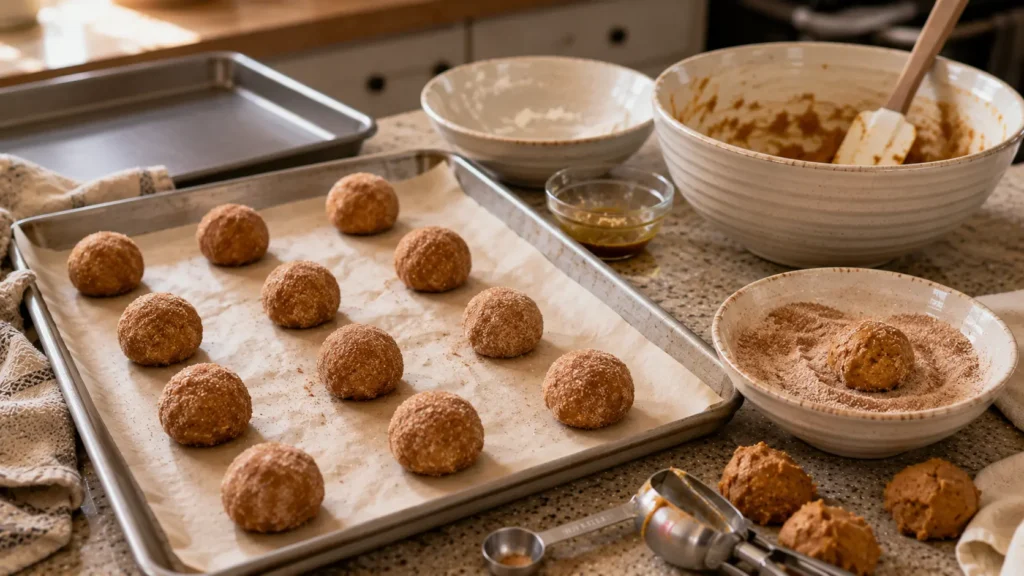 Raw pumpkin snickerdoodle cookie dough balls rolled in cinnamon sugar and arranged on a parchment-lined baking sheet before baking.