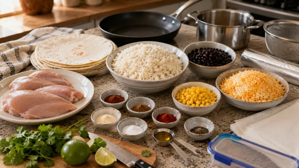 Ingredients for freezer chicken and rice burritos including chicken, cooked rice, black beans, corn, cheese, flour tortillas and seasonings.