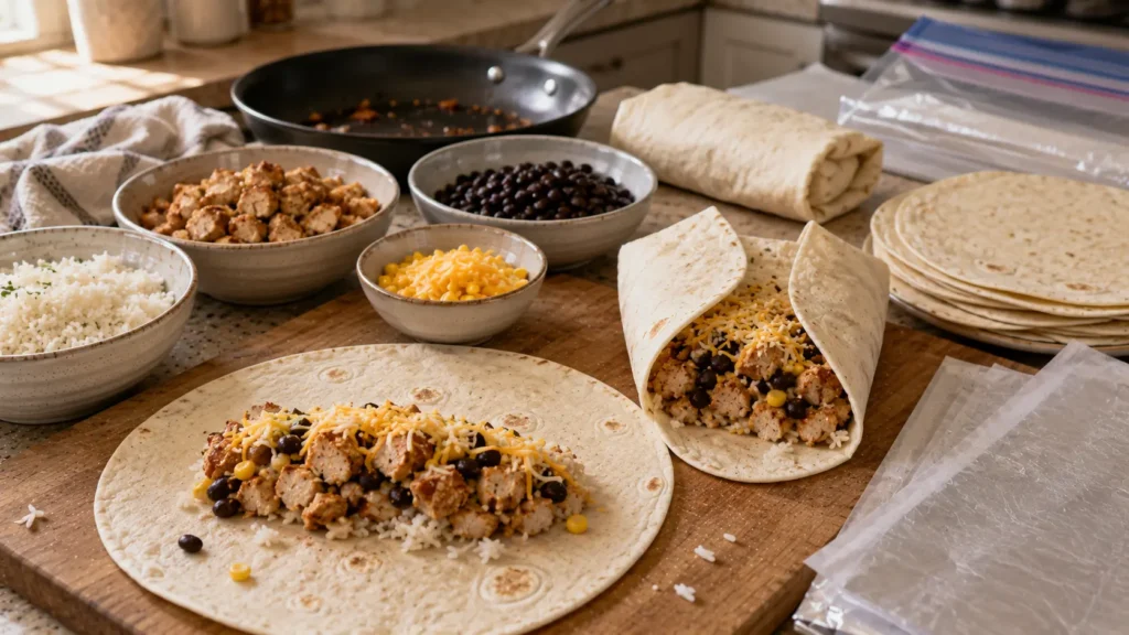 Chicken and rice freezer burritos being assembled with cooled chicken, rice, black beans, corn and shredded cheese before rolling and freezing.