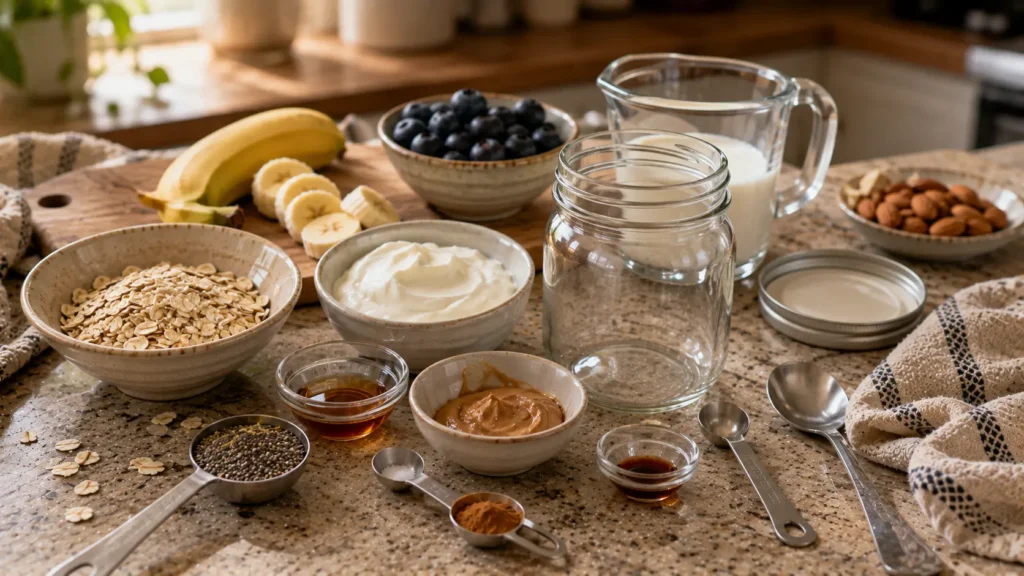 Ingredients for overnight oats with chia and almond butter including rolled oats, chia seeds, Greek yogurt, milk, almond butter and maple syrup.
