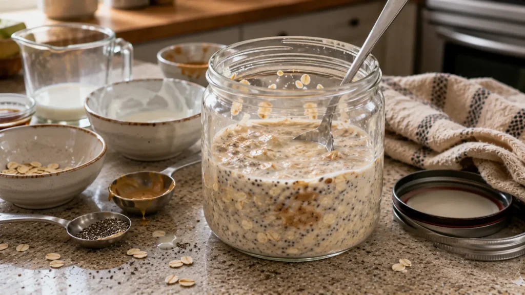 Freshly mixed overnight oats with chia seeds, Greek yogurt and almond butter in a glass jar before refrigerating overnight.