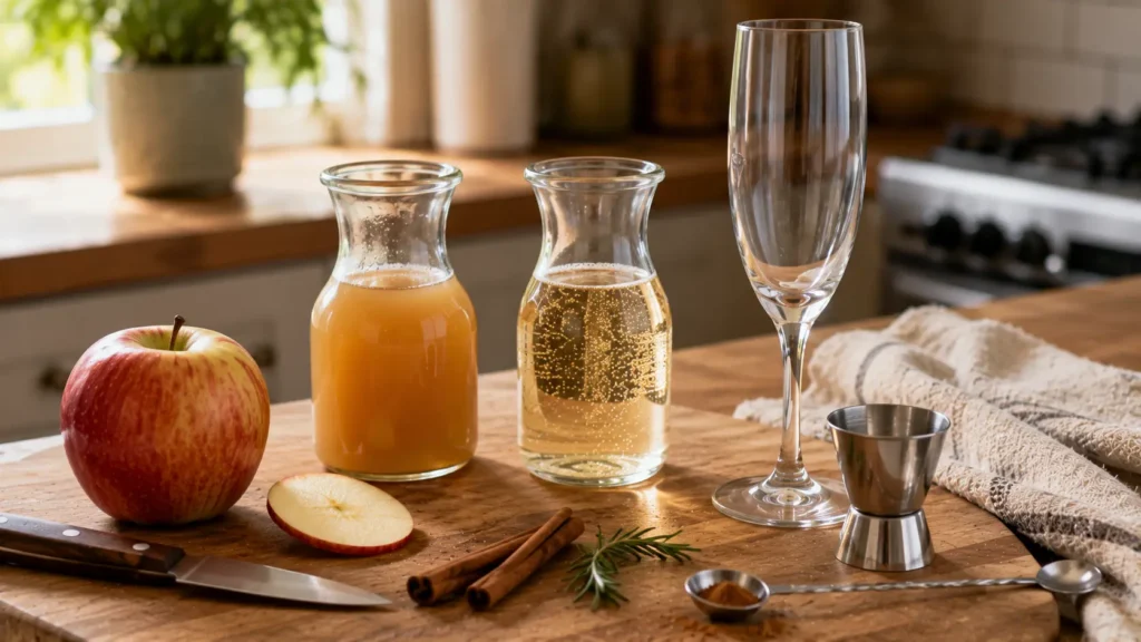 Ingredients for an easy apple cider mimosa including chilled apple cider, sparkling wine, fresh apple, cinnamon and rosemary.
