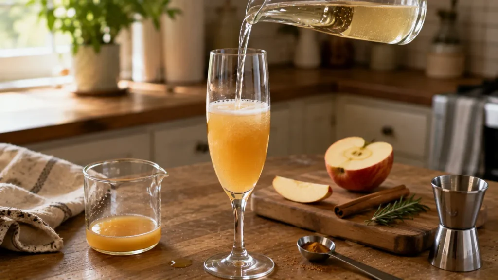Chilled sparkling wine being poured into apple cider in a champagne flute while making an easy fall apple cider mimosa.