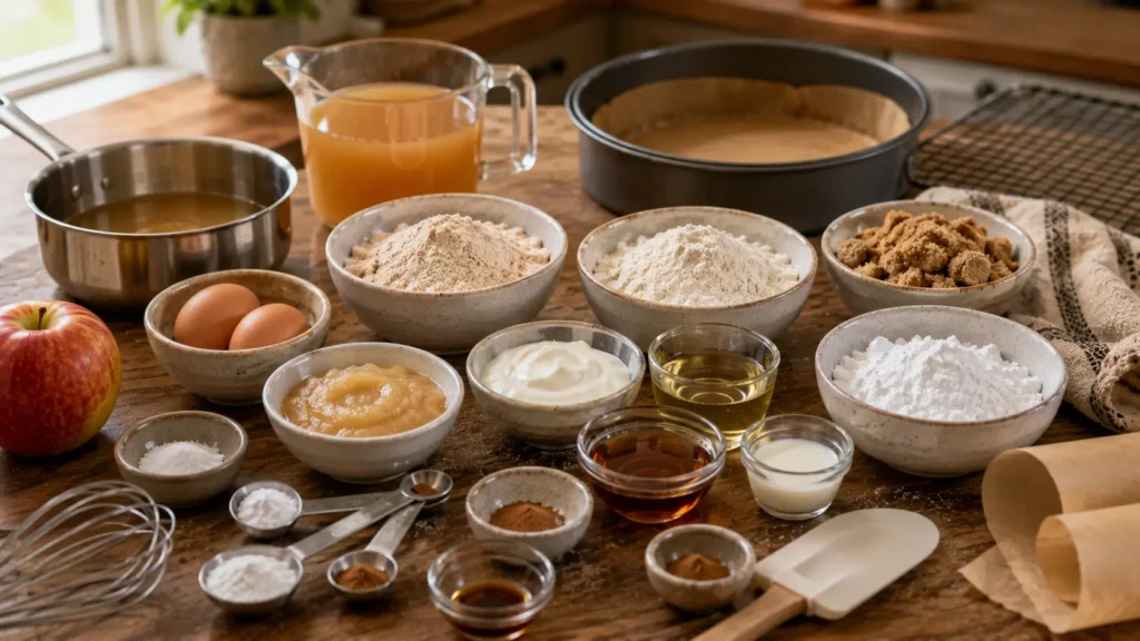 Ingredients for cinnamon apple cider cake with maple glaze including apple cider, flour, applesauce, Greek yogurt, cinnamon and maple syrup.