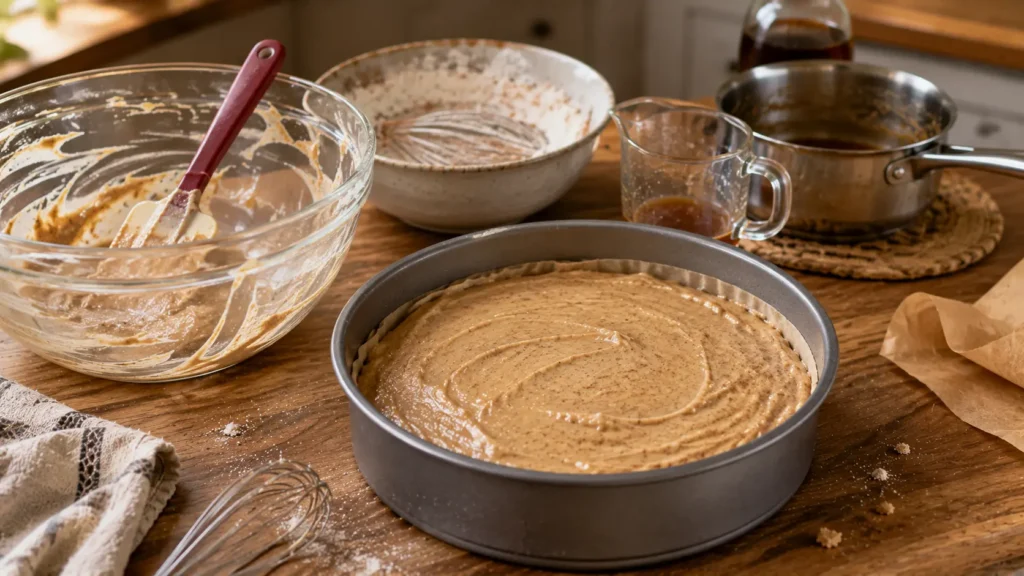 Unbaked cinnamon apple cider cake batter in a round cake pan after mixing with reduced cider and before baking and glazing.