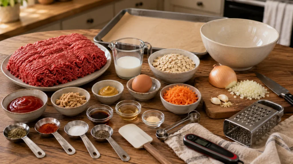 Ingredients for lighter meatloaf with brown sugar glaze including lean ground beef, oats, onion, grated carrot, milk, egg and seasonings.