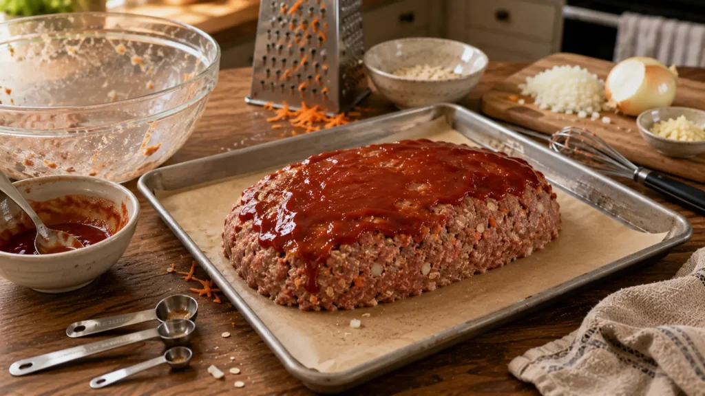 Raw homemade meatloaf shaped on a parchment-lined baking sheet with its first layer of brown sugar glaze before baking.