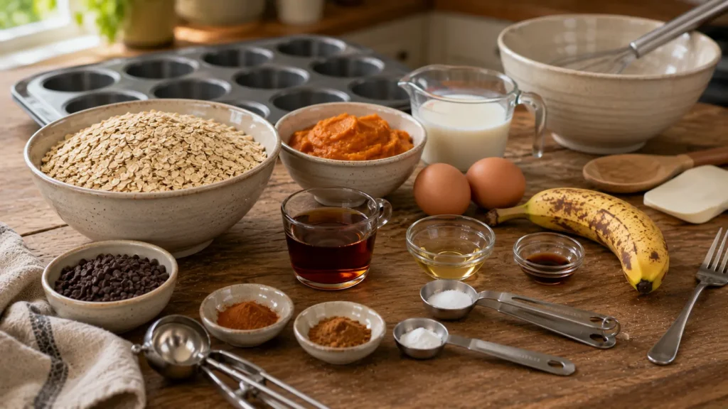 Ingredients for pumpkin baked oatmeal cups including rolled oats, pumpkin puree, ripe banana, eggs, milk, maple syrup and cinnamon.