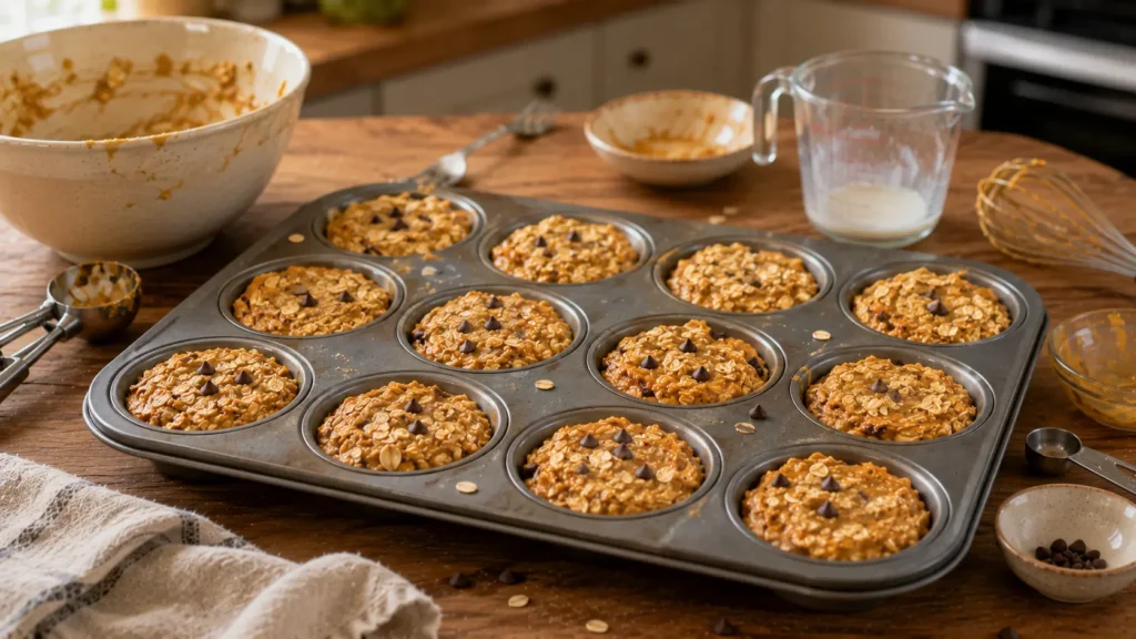 Raw pumpkin baked oatmeal mixture portioned into a 12-cup muffin pan with visible rolled oats before baking.