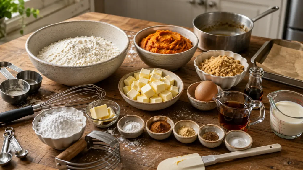 Ingredients for maple pumpkin scones including pumpkin puree, flour, cold butter, maple syrup, brown sugar, cream, egg and warm spices.
