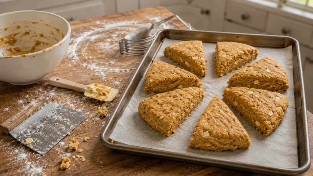 Eight raw pumpkin scone wedges on a parchment-lined baking sheet before baking and adding the brown butter maple glaze.