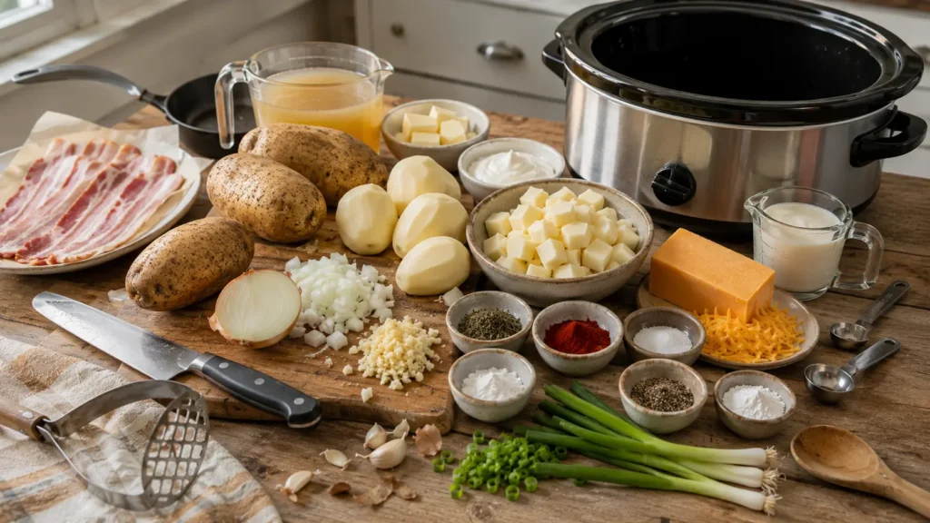 Ingredients for creamy slow cooker potato soup including russet potatoes, bacon, cheddar, cream, sour cream, onion, garlic and chicken broth.