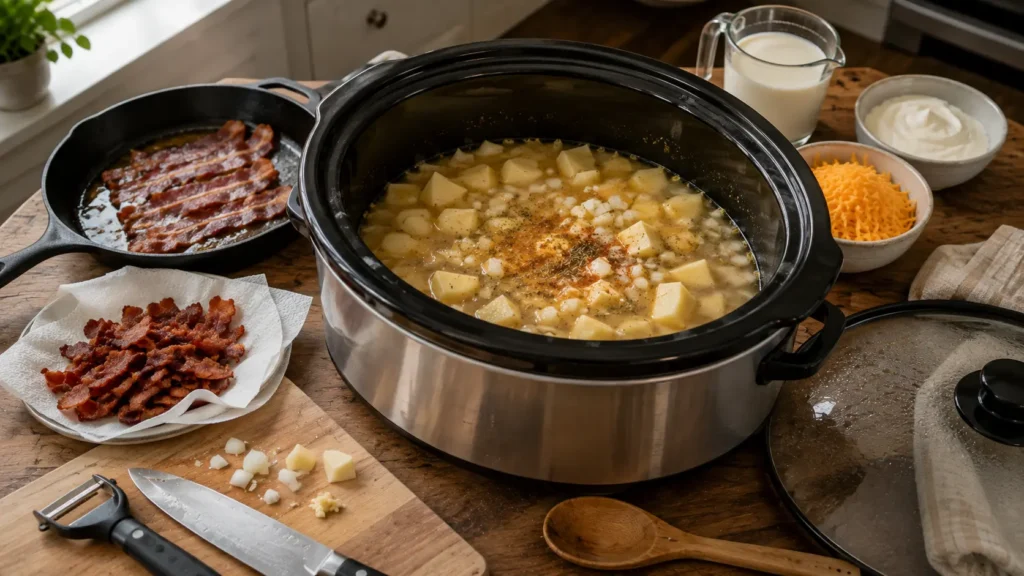 Partially cooked potatoes, onion and seasoned chicken broth in an open slow cooker before cream, cheese, sour cream and crispy bacon are added.