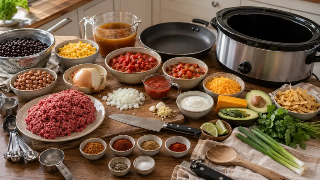 Ingredients for slow cooker taco soup including ground beef, black beans, pinto beans, corn, tomatoes, beef broth, taco spices and fresh toppings.