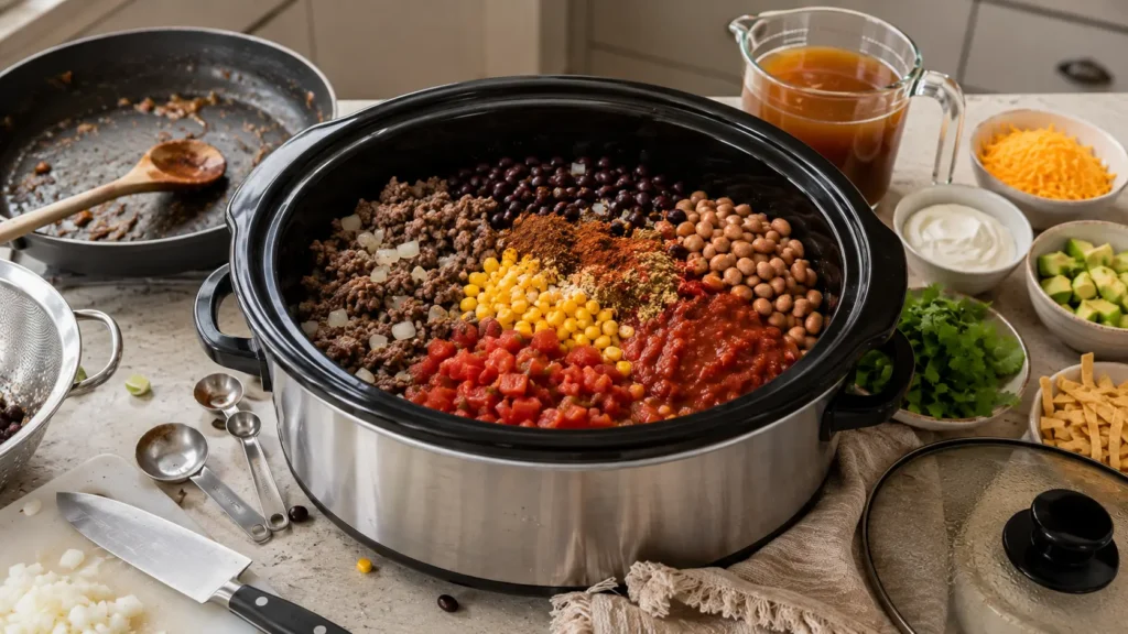 Browned ground beef, beans, corn, tomatoes and taco seasonings assembled in a slow cooker before the beef broth is added and cooking begins.