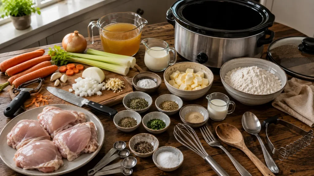 Ingredients for Crockpot chicken and dumplings including chicken thighs, carrots, celery, onion, broth, cream and ingredients for homemade drop dumplings.