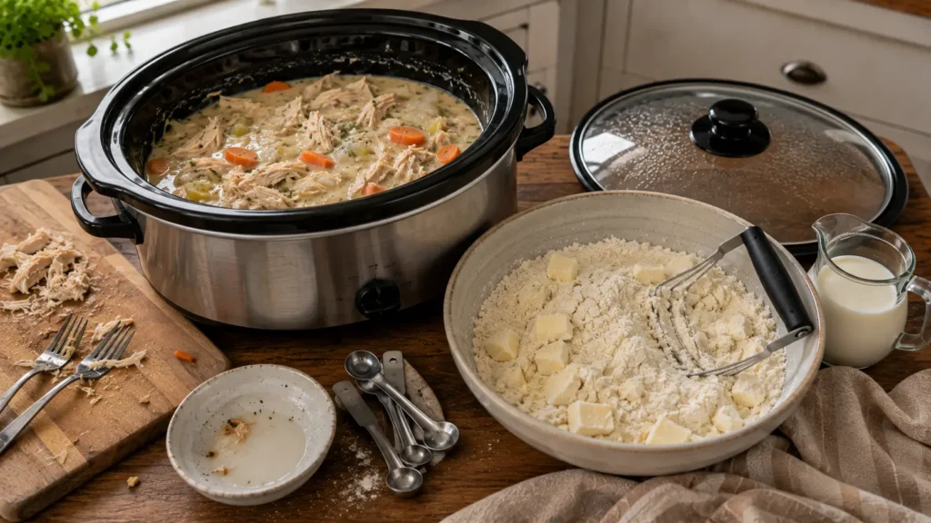 Creamy shredded chicken and vegetables in an open slow cooker beside a dry flour-and-butter dumpling mixture before the milk and dumplings are added.