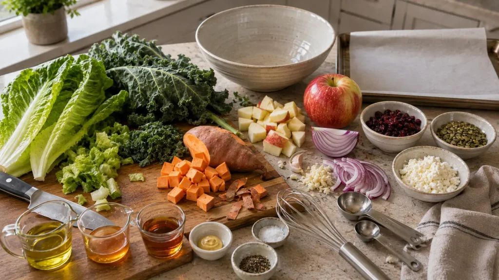 Ingredients for fall harvest chopped salad including romaine, kale, sweet potato, apple, cranberries, feta, pumpkin seeds and apple cider vinaigrette ingredients.