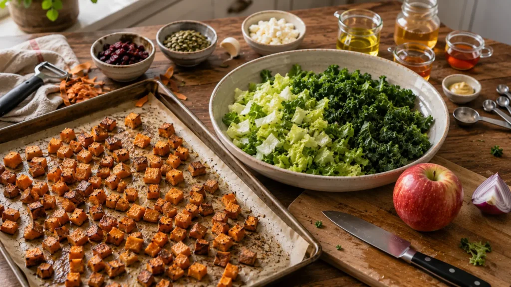 Roasted sweet potato cubes cooling on a baking sheet beside chopped romaine and kale before the apple, feta, cranberries, pumpkin seeds and vinaigrette are added.