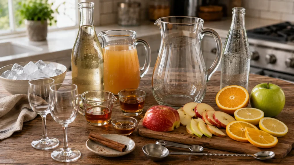 Ingredients for light caramel apple sangria including dry white wine, apple cider, red and green apples, citrus, brandy, caramel syrup and cinnamon.