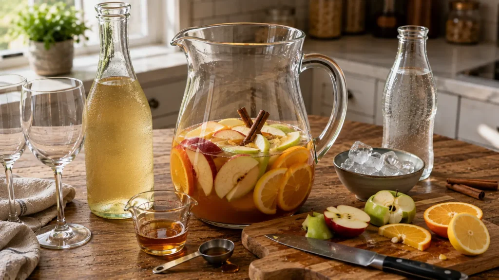 Sliced apples, citrus, cinnamon, apple cider, brandy and caramel in a glass pitcher with chilled white wine waiting to be added.