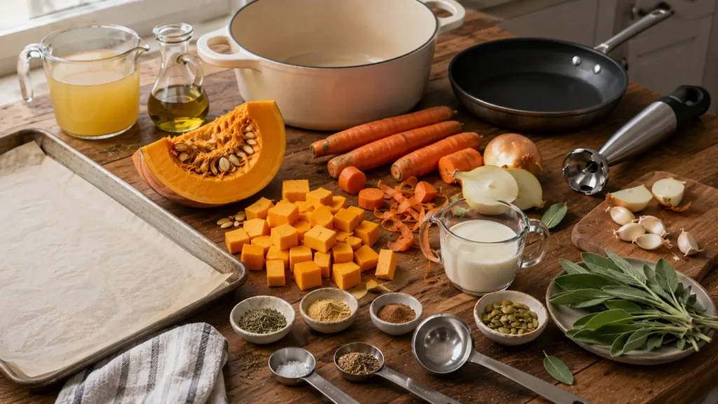 Ingredients for roasted pumpkin and carrot soup including fresh pumpkin, carrots, onion, garlic, sage, vegetable broth, cream and pumpkin seeds.