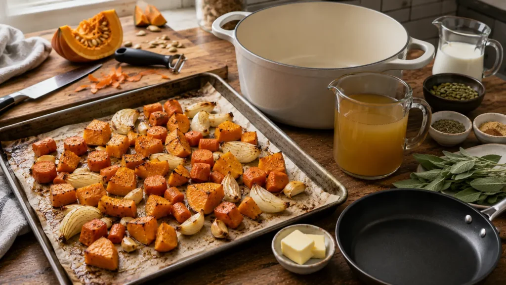 Roasted pumpkin, carrots, onion and garlic caramelized on a baking sheet before being transferred to a pot with vegetable broth and seasonings.