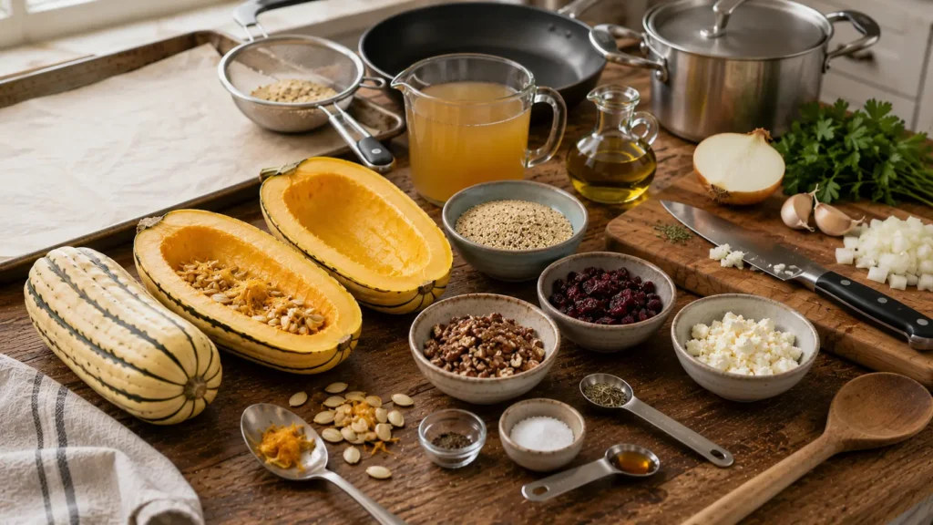 Roasted empty delicata squash halves beside freshly cooked quinoa and separate cranberry, pecan and feta filling ingredients before stuffing.