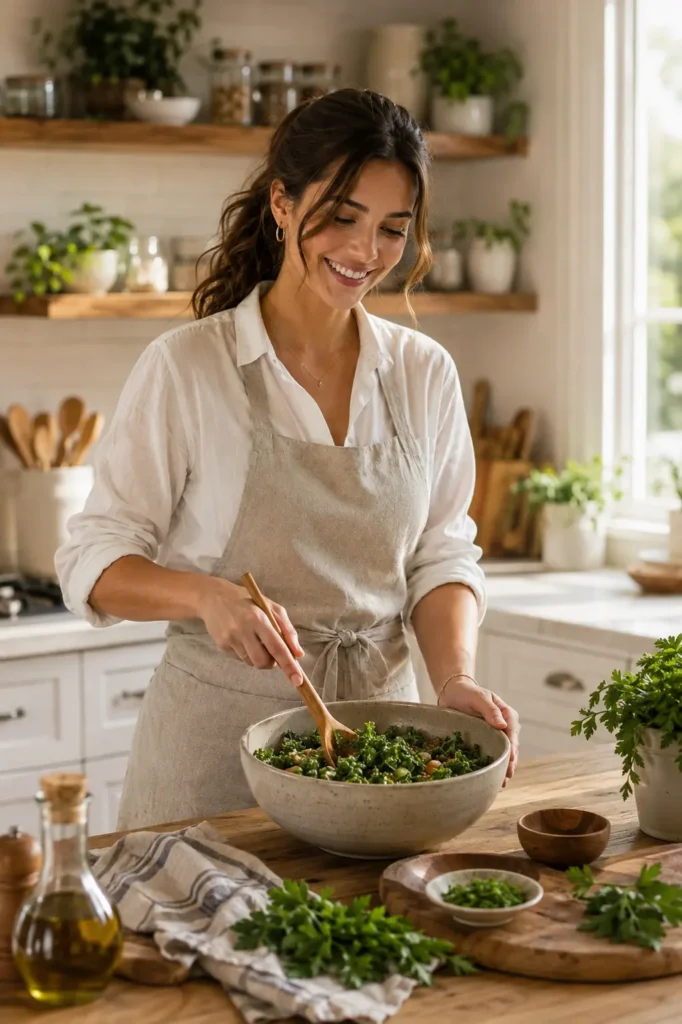 Kenza, Yummizer recipe creator, preparing food in her home kitchen