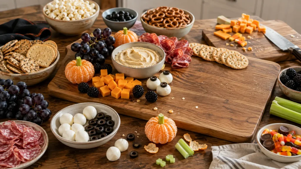 Half-assembled Halloween charcuterie board with cheese, salami, mandarin pumpkins and mozzarella eyeballs while crackers, pretzels, popcorn and other ingredients wait to be added.