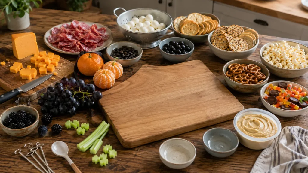 Ingredients for an easy Halloween charcuterie board including cheese, salami, mozzarella, crackers, grapes, mandarins, blackberries, pretzels, popcorn and candy.