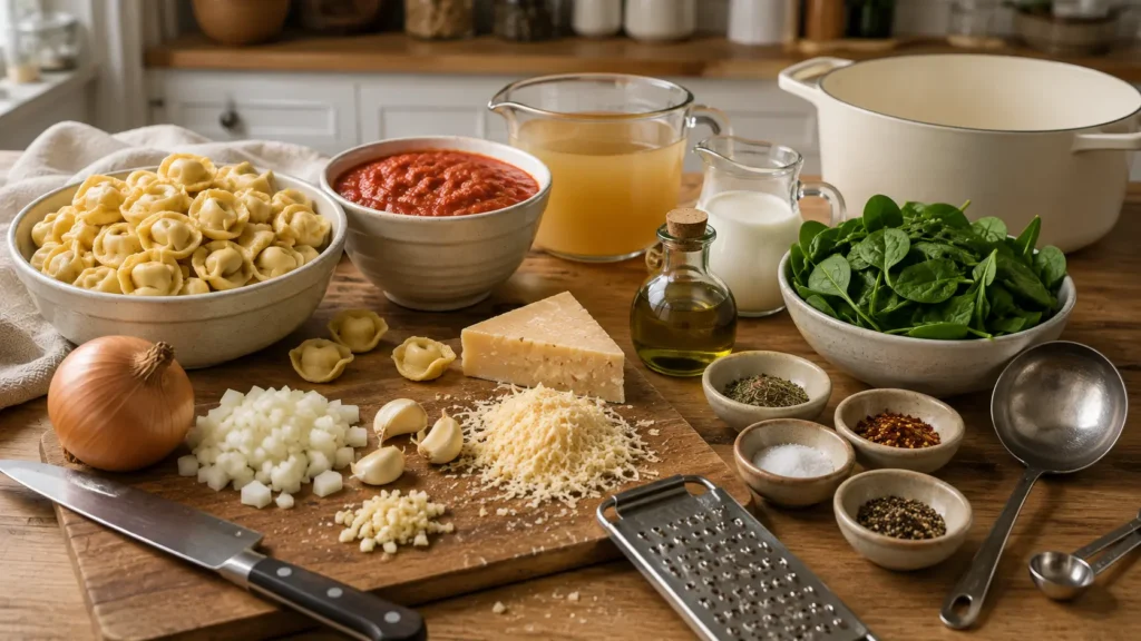 Ingredients for Parmesan tomato tortellini soup including cheese tortellini, crushed tomatoes, spinach, Parmesan, cream, broth, onion, garlic, and Italian seasoning.