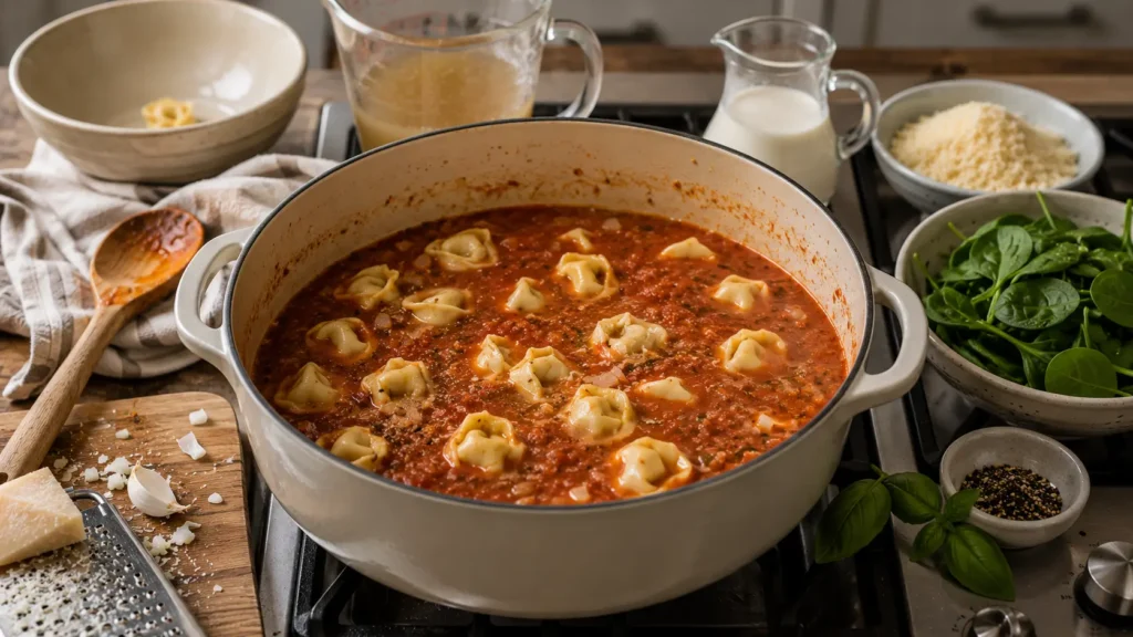 Cheese tortellini beginning to cook in a red tomato broth while cream, Parmesan, and fresh spinach wait nearby to be added.