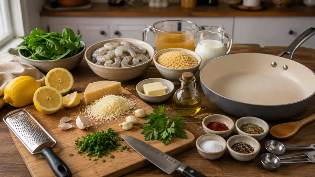 Ingredients for creamy lemon garlic shrimp orzo including raw shrimp, dry orzo, lemon, garlic, Parmesan, spinach, cream, broth, butter, and fresh parsley.
