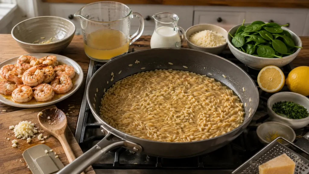 Partially cooked orzo simmering in garlic chicken broth with seared shrimp resting separately while cream, Parmesan, spinach, and lemon wait to be added.
