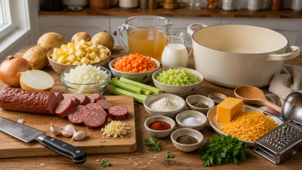 Ingredients for creamy Kielbasa Potato Soup including smoked kielbasa, Yukon Gold potatoes, carrots, celery, onion, garlic, cheddar, cream, broth, butter, and seasonings.