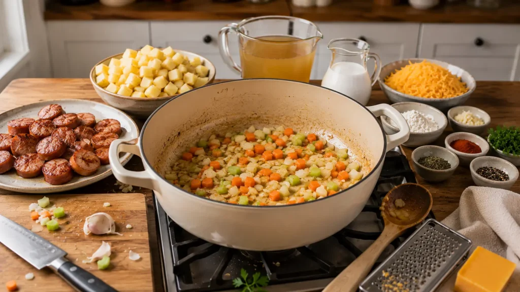 Browned kielbasa resting on a plate while onion, carrots, and celery sauté in a Dutch oven, with raw potatoes, broth, cream, and cheddar waiting to be added.