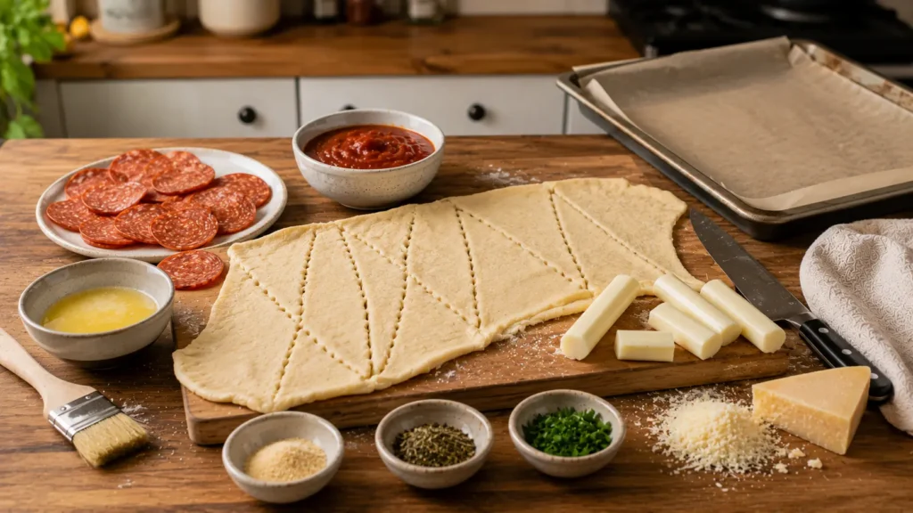 Ingredients for Pepperoni Pizza Crescent Rolls including raw crescent dough, pepperoni, mozzarella, pizza sauce, Parmesan, butter, and Italian seasoning.