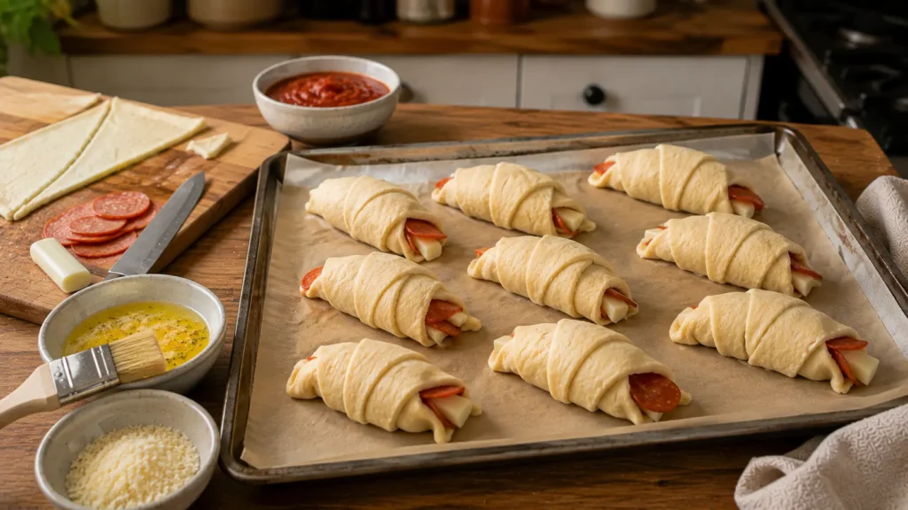 Eight unbaked Pepperoni Pizza Crescent Rolls filled with pepperoni and mozzarella on a parchment-lined baking sheet before brushing with garlic butter and baking.