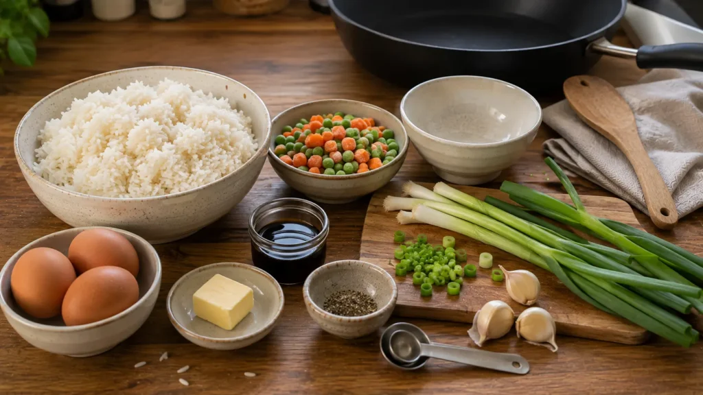 Ingredients for easy fried rice including chilled cooked rice, eggs, peas, carrots, green onions, garlic, soy sauce, sesame oil, butter, and black pepper.