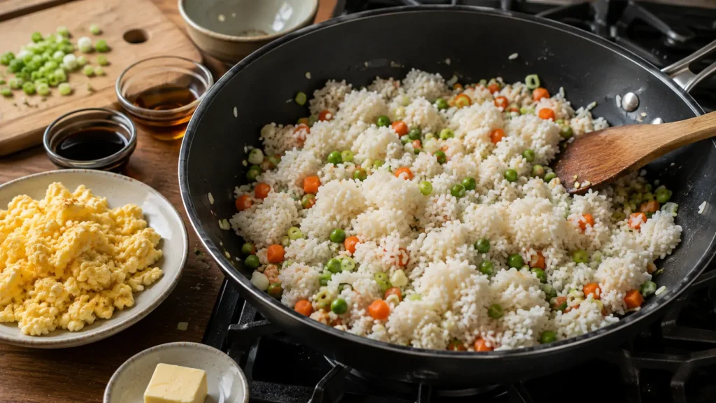 Cold rice, peas, carrots, garlic, and green onions cooking in a skillet before soy sauce and scrambled eggs are added.