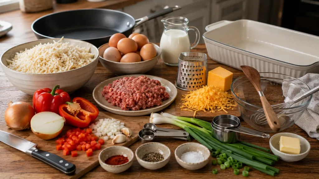 Ingredients for sausage and hashbrown breakfast casserole including shredded potatoes, breakfast sausage, eggs, cheddar, milk, onion, red bell pepper, garlic, and seasonings.