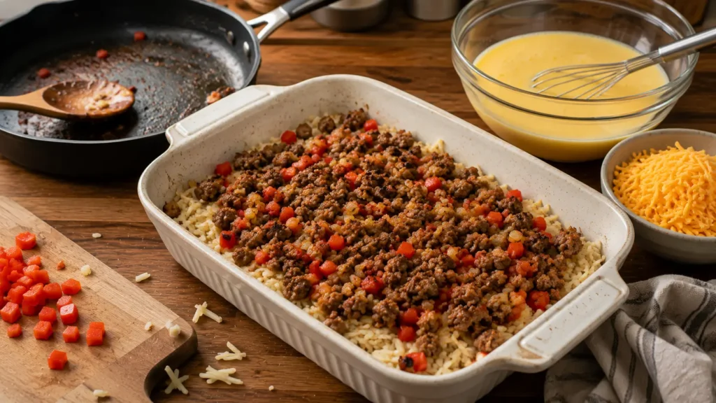 Partially baked hash browns topped with browned sausage, onion, and red bell pepper before the egg mixture and cheddar are added to the breakfast casserole.