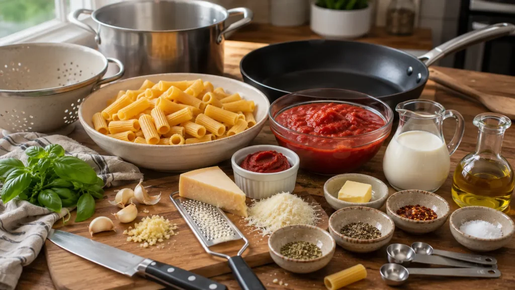 Ingredients for Creamy Tomato Garlic Pasta including dry rigatoni, crushed tomatoes, garlic, tomato paste, heavy cream, Parmesan, butter, basil, and seasonings.